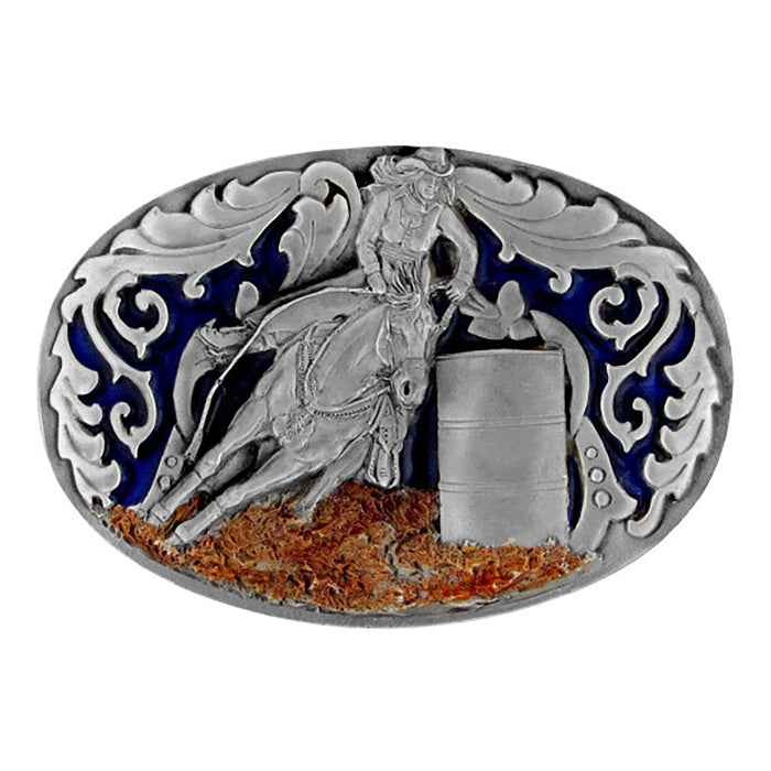 ladies barrel racer pewter and enamel belt buckle