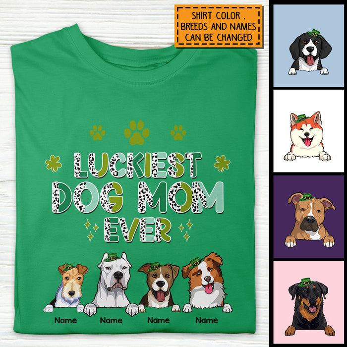 Luckiest Dog Mom Ever, Leopard T-shirt, Personalized Dog Breeds T-shirt, St. Patrick Day Gifts For Dog Moms