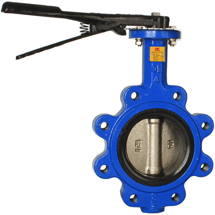 Blue butterfly valve with a black handle on a white background