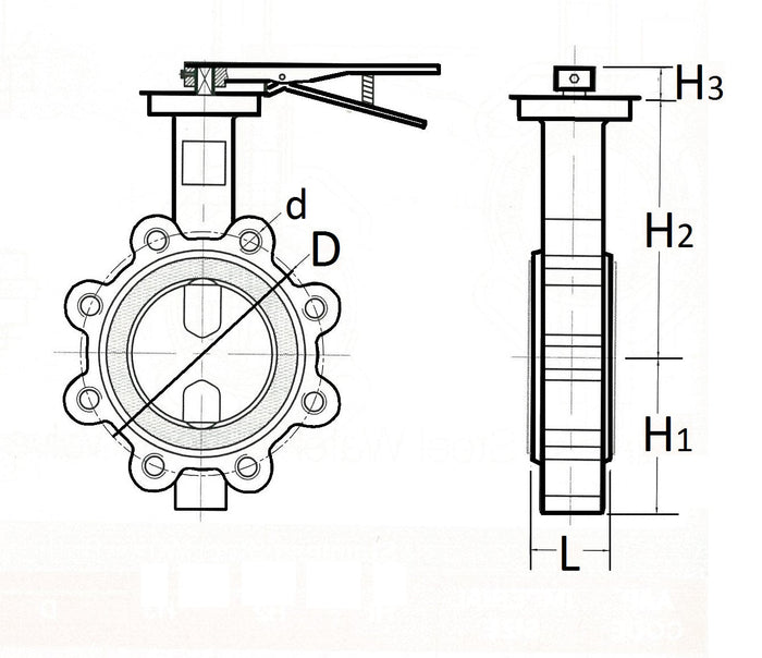 Technical drawing of a butterfly valve with dimensions labeled