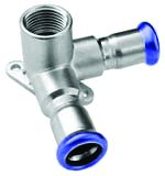 Metal plumbing fitting with blue and silver components on a white background