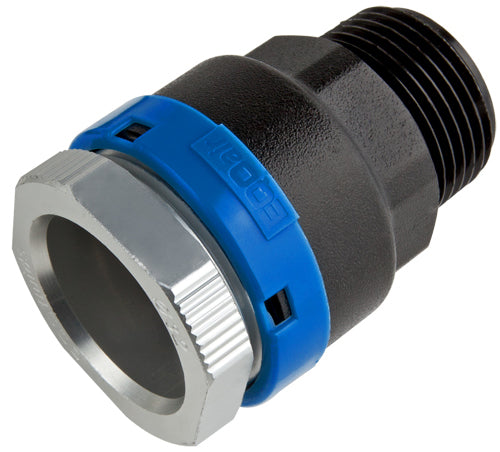 Pneumatic fitting with blue and black design on a white background