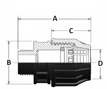 Technical drawing of a mechanical component with labeled dimensions on a white background