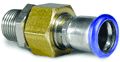 Plumbing fitting with brass and black components on a white background