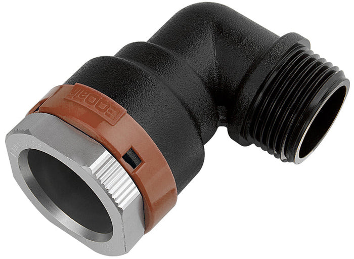 Plumbing fitting with brown and silver accents on a white background
