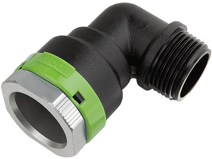 plumbing fitting with black and green design on a white background