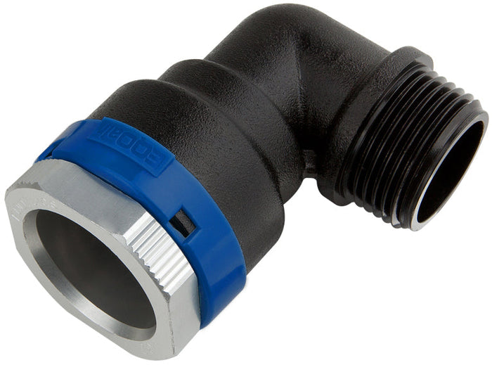 Plumbing fitting with blue and silver accents on a white background