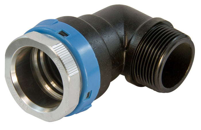 Plumbing fitting with blue and black design on a white background