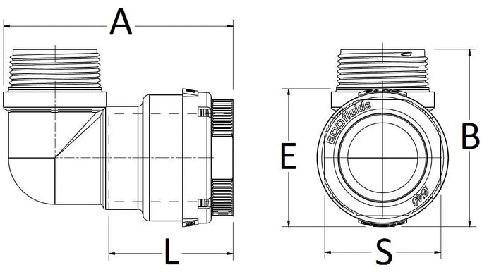 Technical drawing of a plumbing fitting with labeled dimensions on a white background
