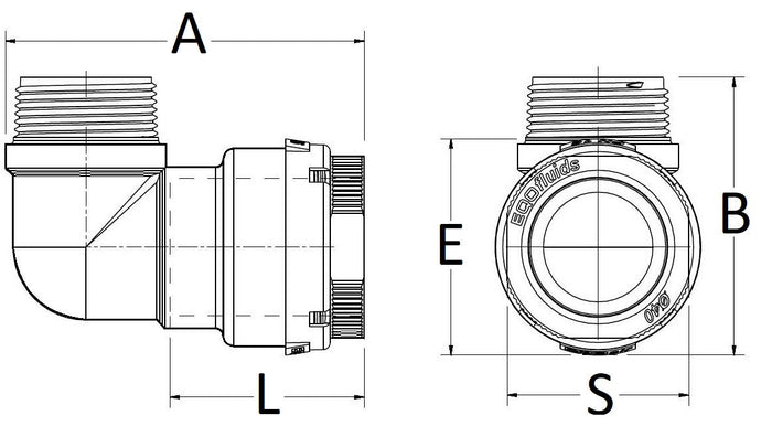 Technical drawing of a plumbing fitting with labeled dimensions on a white background