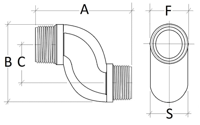 Technical drawing of a plumbing fitting with labeled dimensions