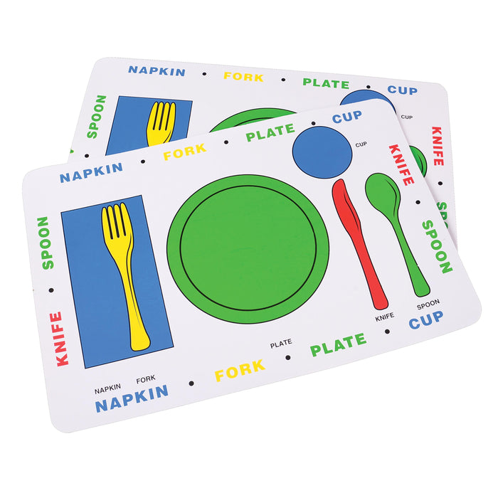 Three educational placemats with colorful illustrations of tableware on a white background