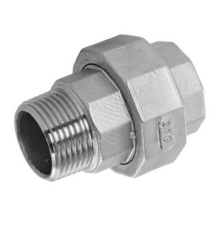 Europress stainless steel M&F Barrel Union fitting showing threaded connections and smooth surface for plumbing applications