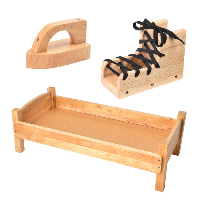 Montessori Dramatic Play Accessory Bundle | Pretend Play Hardwood Iron, Doll Bed & Lacing Boot
