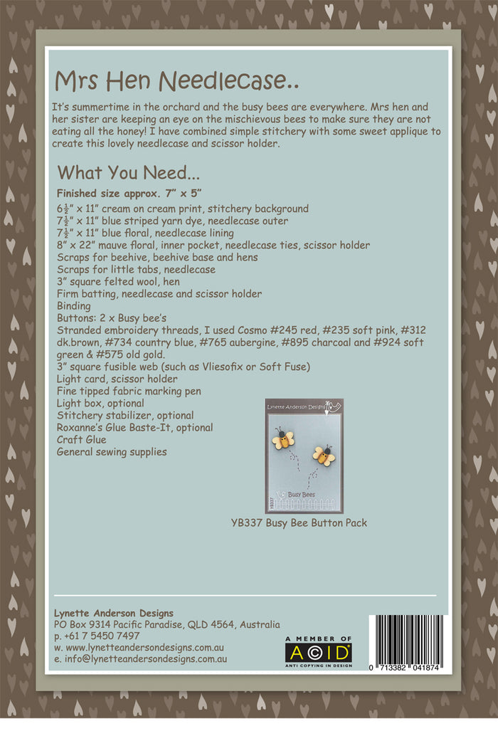 Mrs. Hen Needlecase and Scissor Holder by Lynette Anderson Pattern Back
