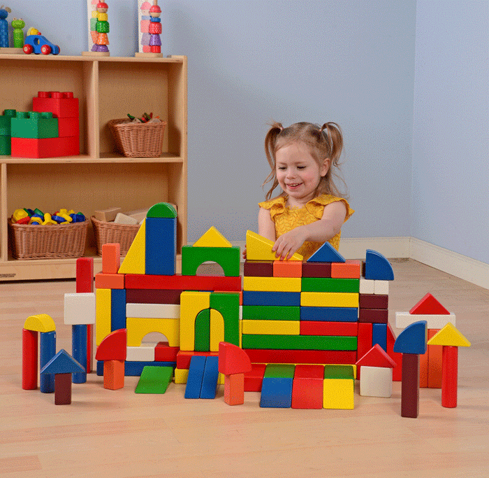 Multi-Colored Hardwood Unit Blocks Set | 82-Piece Building Blocks with 13 Shapes Gif