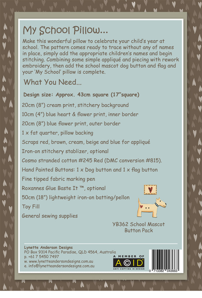 My School Pillow by Lynette Anderson Pattern Back