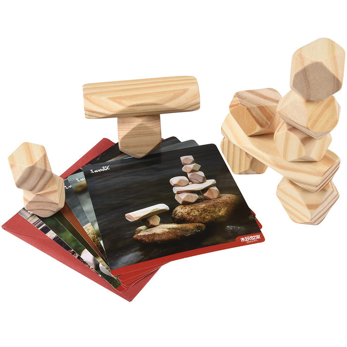 wooden balancing blocks with photo cards on white background
