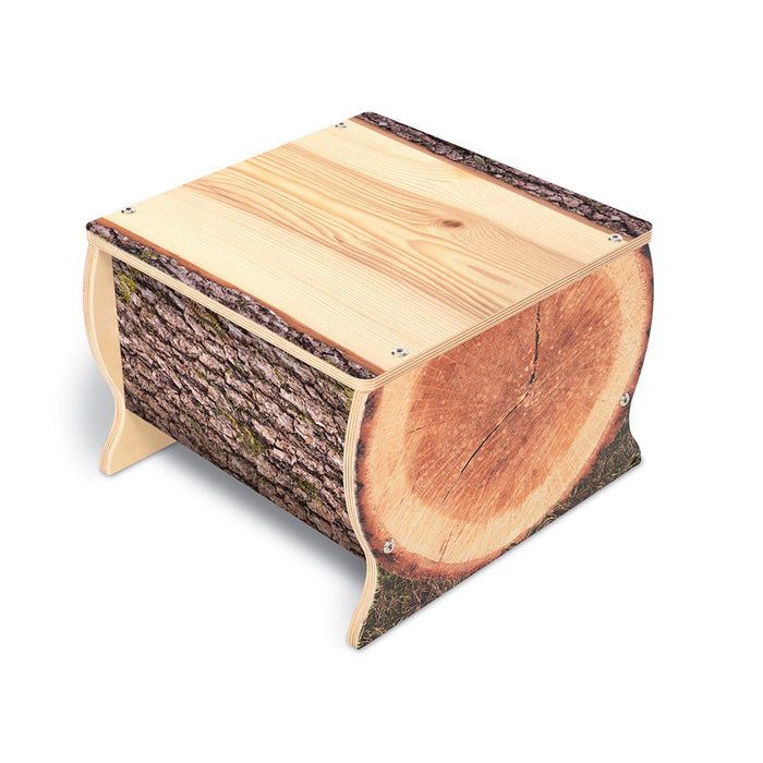 Wooden stool with natural tree bark design on a white background