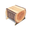 Wooden stool with natural edge design on a white background