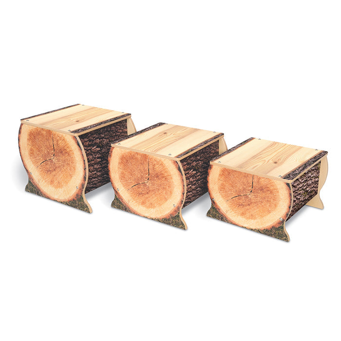 Three wooden log-shaped chairs on a white background