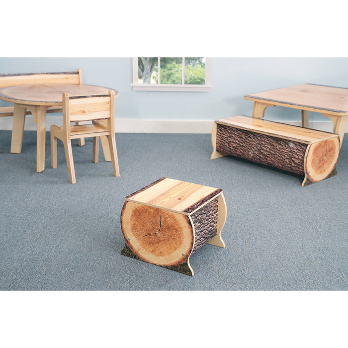 Wooden furniture set including a table, chairs, and benches with natural wood design in a room.
