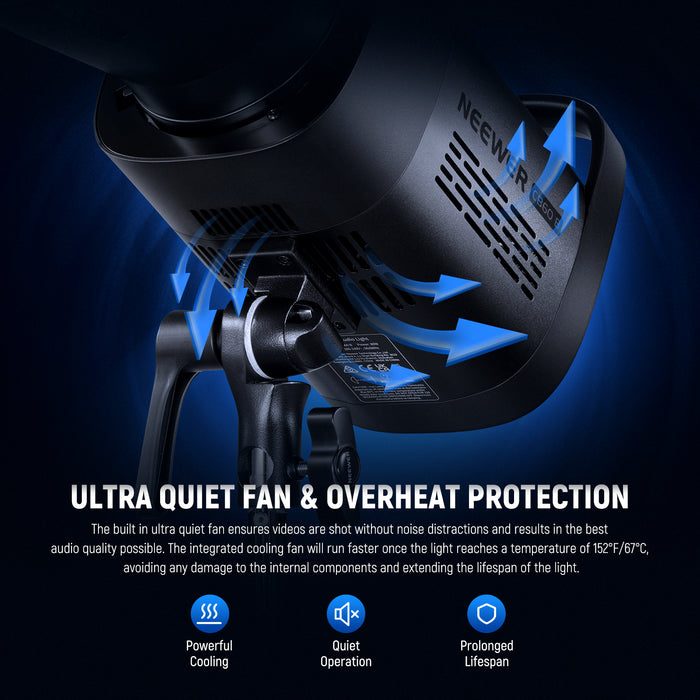 The integrated cooling fan will run faster once the light reaches a temperature of 152°F/67°C