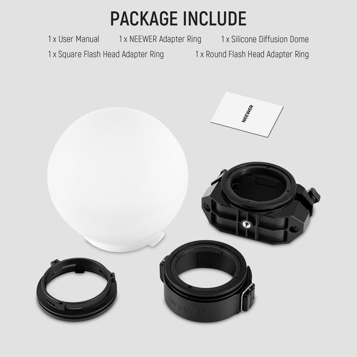 Package Contents of the NEEWER CRS6 Diffusion Dome with 3 Adapter