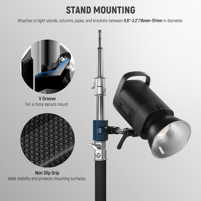 Quickly and securely mount light fixtures or accessories via a 5/8" stud