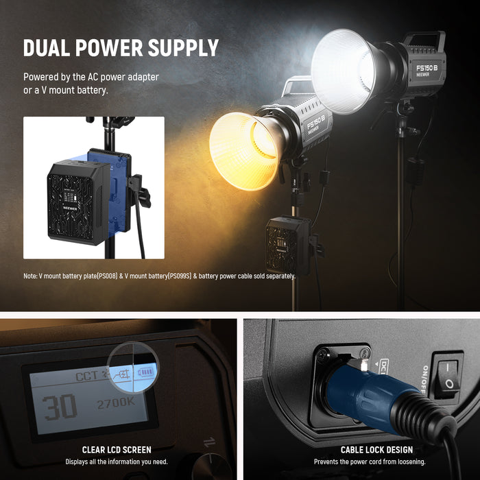 NEEWER FS150B Bi-Color LED Video Light can be powered by the AC power adapter or a V mount battery.