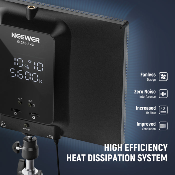 NEEWER GL25B Streaming Key Light ensures zero noise.