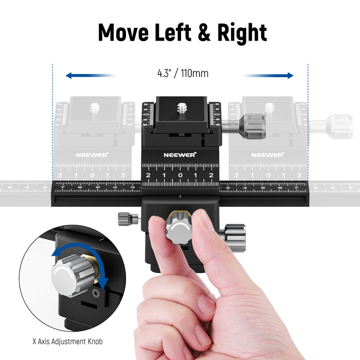 NEEWER Macro Focusing Rail Slider supports 4-way precise movement-left, right, forward, and backward.
