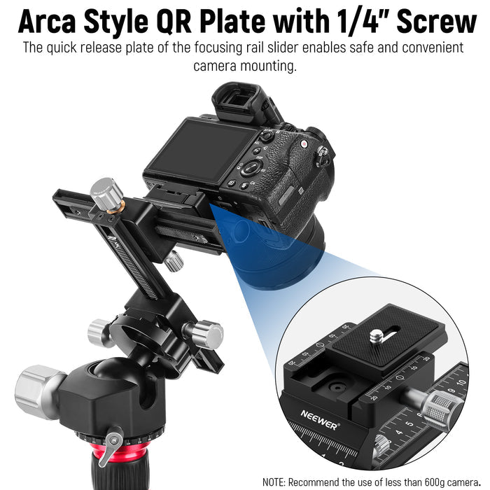 NEEWER 4-Way Macro Focusing Rail Slider features the quick release plate.