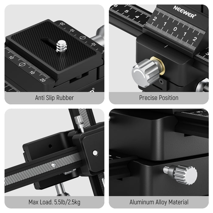 NEEWER 4-Way Macro Focusing Rail Slider is constructed with robust aluminum alloy.