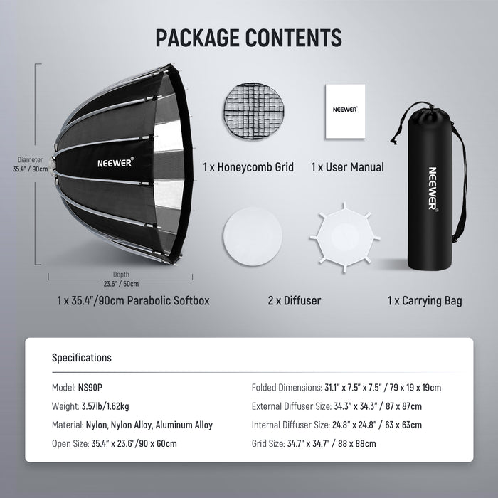 Package Contents of the NEEWER NS90P Parabolic Softbox