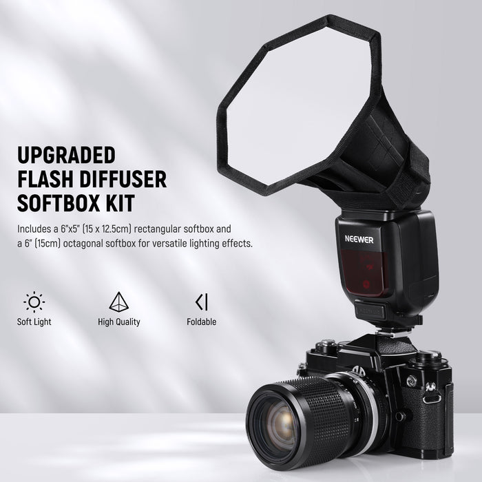 Includes a 6"x5"rectangular softbox and a 6" octagonal softbox for versatile lighting effects.