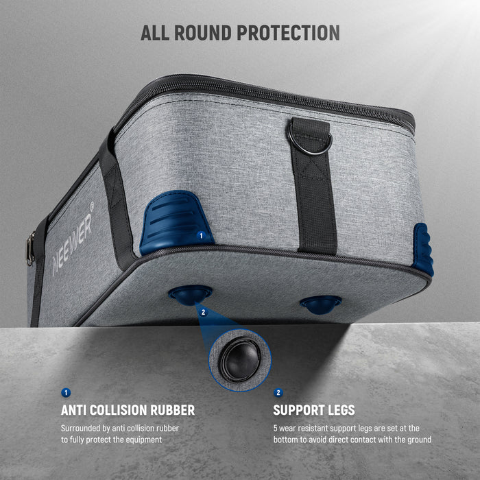 Five nonslip rubber feet provide shockproof protection when the bag is placed on the ground.