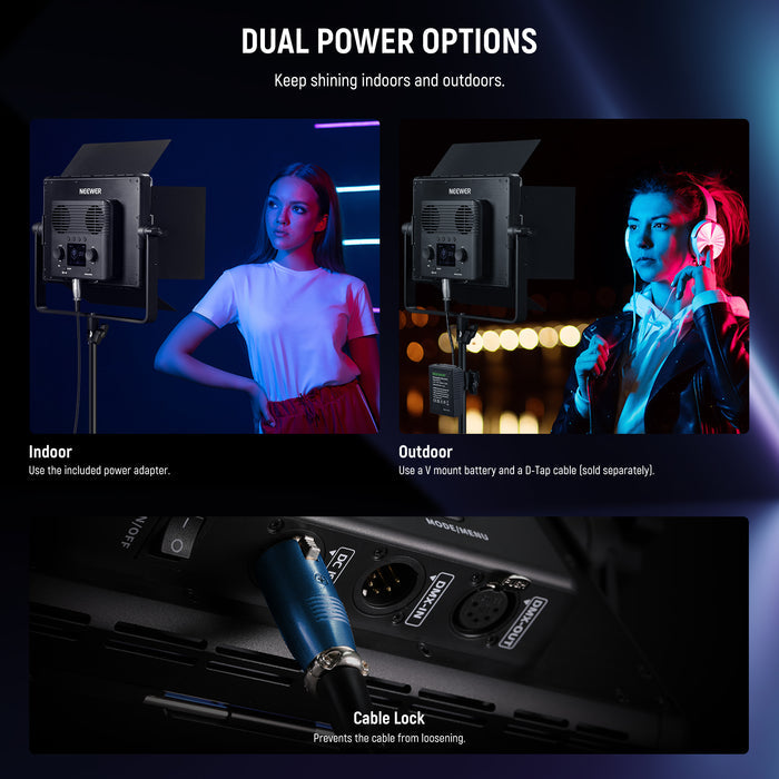 NEEWER PL60C Professional RGB Light offers dual power options.