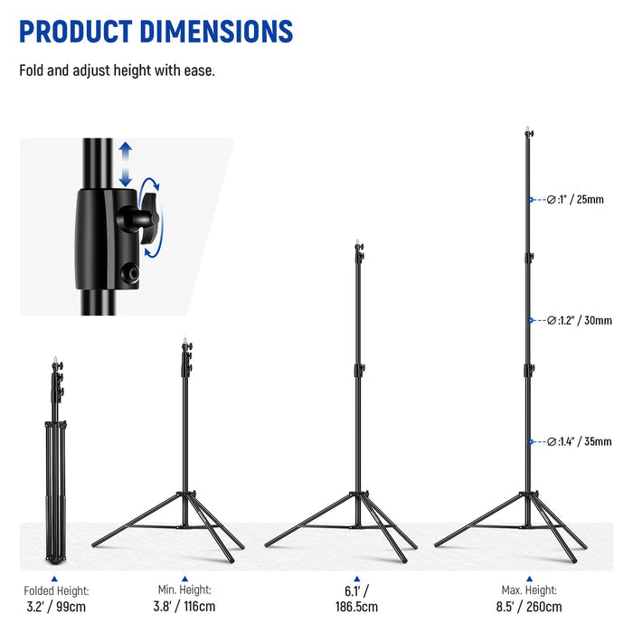 Product dimensions of the NEEWER ST-260AC 8.5ft/2.6m Air Cushioned Light Stand
