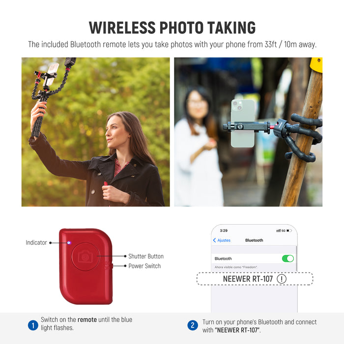NEEWER T91 Flexible Phone Tripod with Two Magic Arms kit includes a remote shutter.