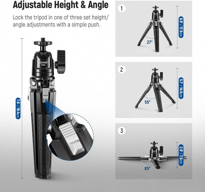 NEEWER TP29 Metal Tabletop Mini Tripod is easily adjusted.