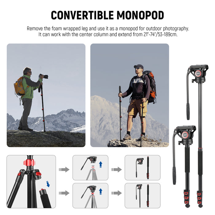 NEEWER TP72A Fluid Head Video Tripod can be used as a monopod for outdoor photography.