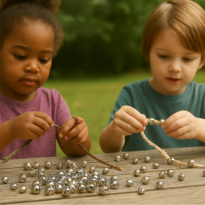 Two children playing with metal jingles on a wooden surface outdoors.