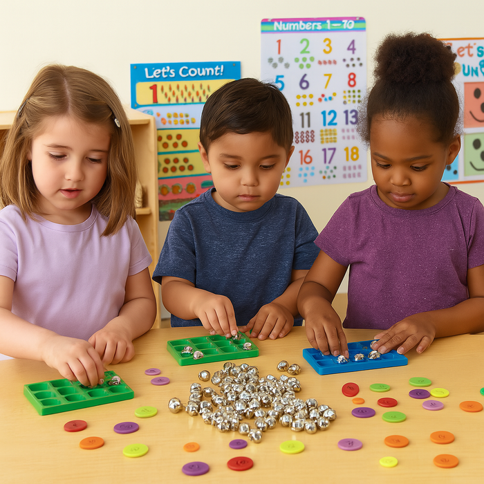 Three children playing with educational toys at a table in a classroom setting.