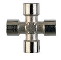 Metallic cross-shaped fitting on a white background