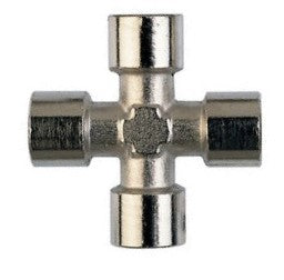 Metallic cross-shaped fitting on a white background
