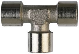 Nickel plated brass tee fitting from Europress Aus, showing a T-shaped pipe connector with threaded ends.