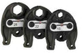 Three black weight plates with labeled weights on a white background