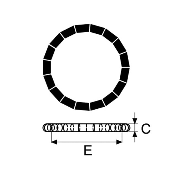 Black circular ring with measurements labeled on a white background