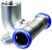 Metal fitting with blue gasket on a white background